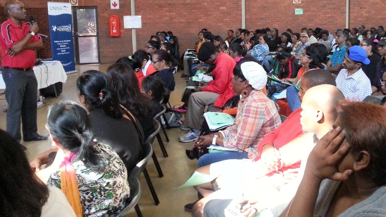 Unisa Durban Regional Manager Mr Magnate Ntombela addresses members of the community at Chance 2 Advance workshops 