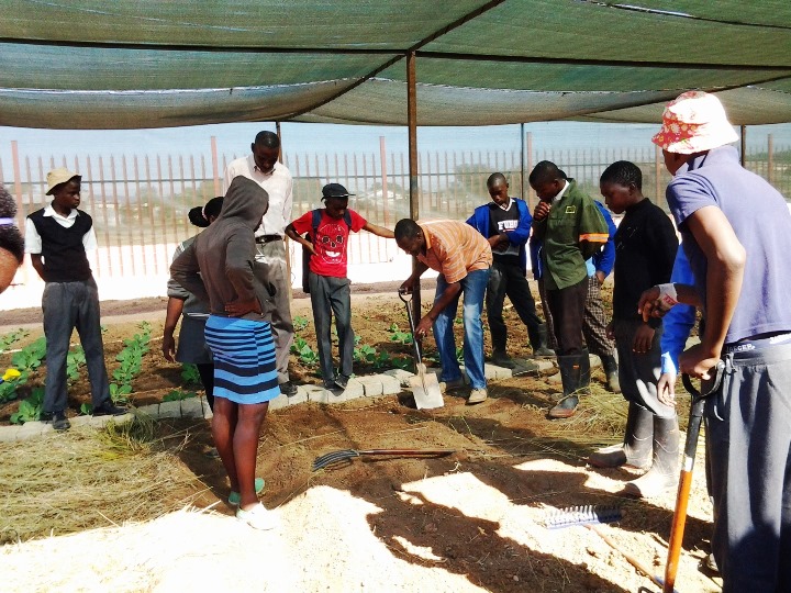 Facilitator Mr Lawrence Tshuma demonstrating how to prepare the ground for planting