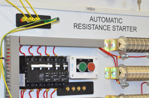 Also in the Electrical Machines Lab is an automatic resistance starter. Because students are working with 380 volt circuits the lecturer can lock out the circuit until the circuit has been tested for correctness. Only then can the power be applied to the circuit. Safety features include an earth leakage, emergency stop, and a key which can lock out the supply.