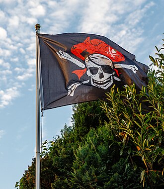 Flying black pirate flag with white skull and crossbones