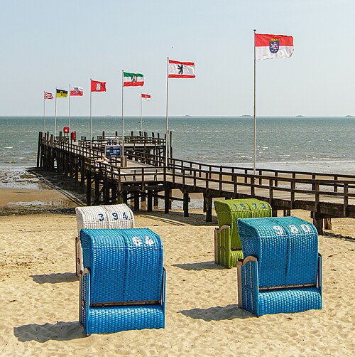 Flying flags on the old pier in Wyk auf Föhr