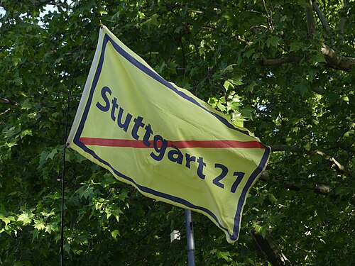 Flag No Stuttgart 21 on the 757. Demonstration against Stuttgart 21