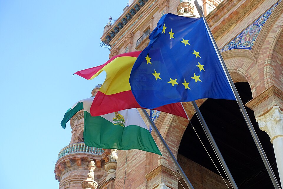 Flags of Andalusia, Spain and the EU at the Plaza de Espana in Seville, Spain
