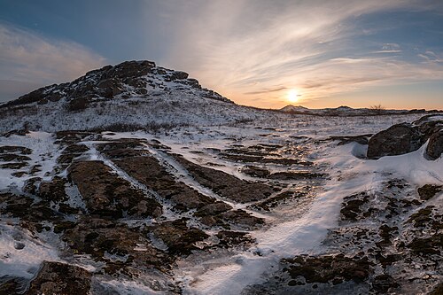 Icy landscape at sunset in Kamiani Mohyly Nature Reserve, Mariupol raion, Donetsk oblast, Ukraine