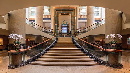Symmetric view of the staircase at The Fullerton Hotel, Singapore