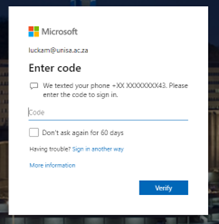 Enter the OTP code in the Microsoft login window and click “Verify”