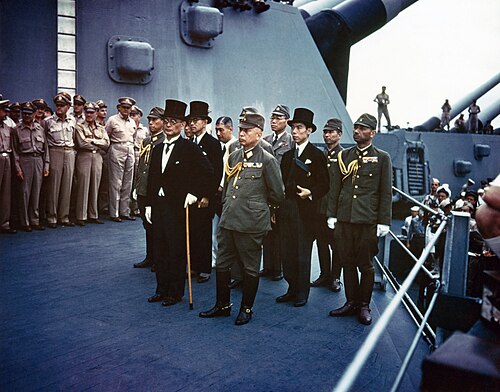 Surrender of Japan, Tokyo Bay, 2 September 1945: Representatives of the Empire of Japan on board USS Missouri (BB-63) during the surrender ceremonies.