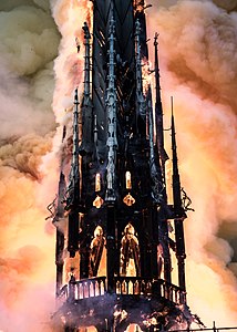 2019 Spire of the Notre Dame Cathedral engulfed in flames.