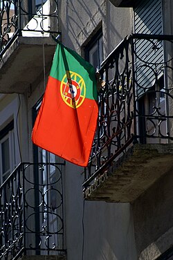 Flag of Portugal on a balcony, Lisbon, Portugal