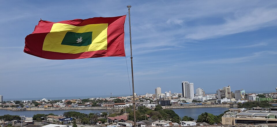 Flag of Cartagena de Indias waving in top of the Castillo San Felipe de Barajas