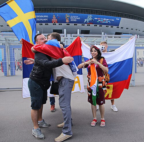 Fußballfans in St. Petersburg. Fußball-Weltmeisterschaft 2018. Russland.