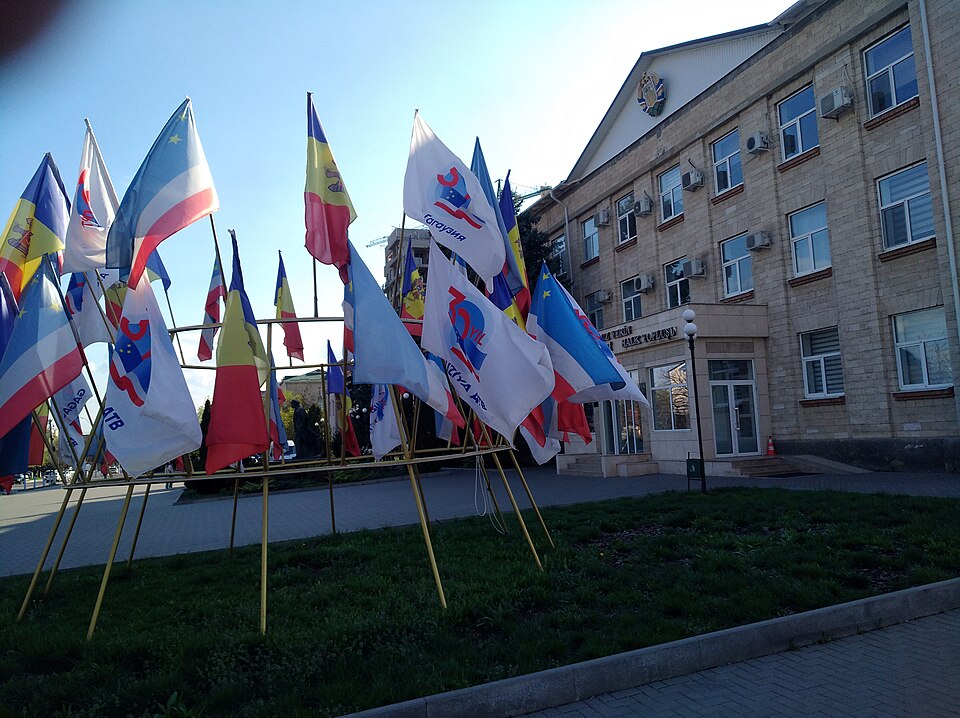 Flags of Moldova and Gagauziya near the building of Parlament of Gagauziya