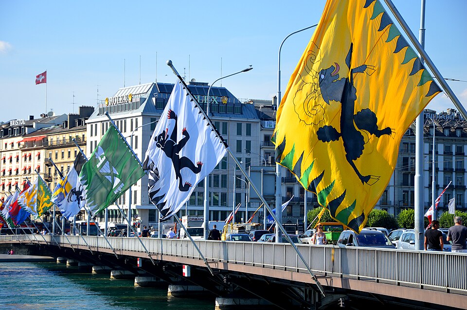 Flags at Pont du Mont-Blanc, Geneva, Switzerland