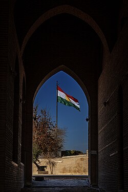 The flag of the Kurdistan Region of Iraq. Photo taken in the Citadel of Erbil (Kurdistan, Iraq).