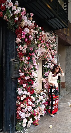 photo taking before a wall of flowers