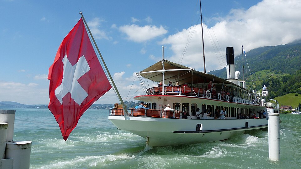 Ship on Lake Lucerne Switzerland, docking at Vitznau