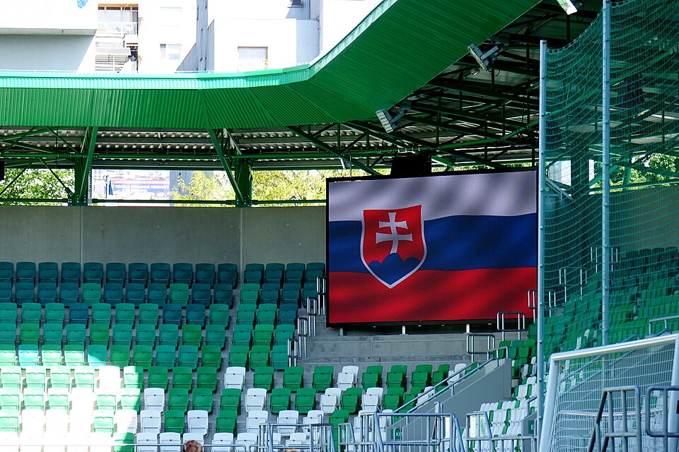 Slovak flag. New football arena Tatran Prešov. Slovakia.