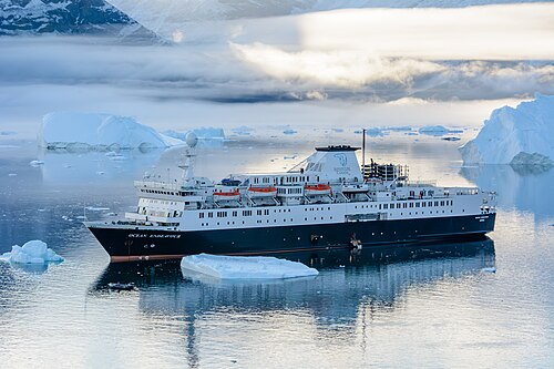 Expedition ship, Ocean Endeavour, sailing in the fjords of Western Greenland.
