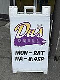 * Nomination Sign for Du's Grill, Portland, Oregon --Another Believer 02:30, 3 May 2025 (UTC) * Promotion  Support Good quality. --FlocciNivis 13:00, 10 May 2025 (UTC)