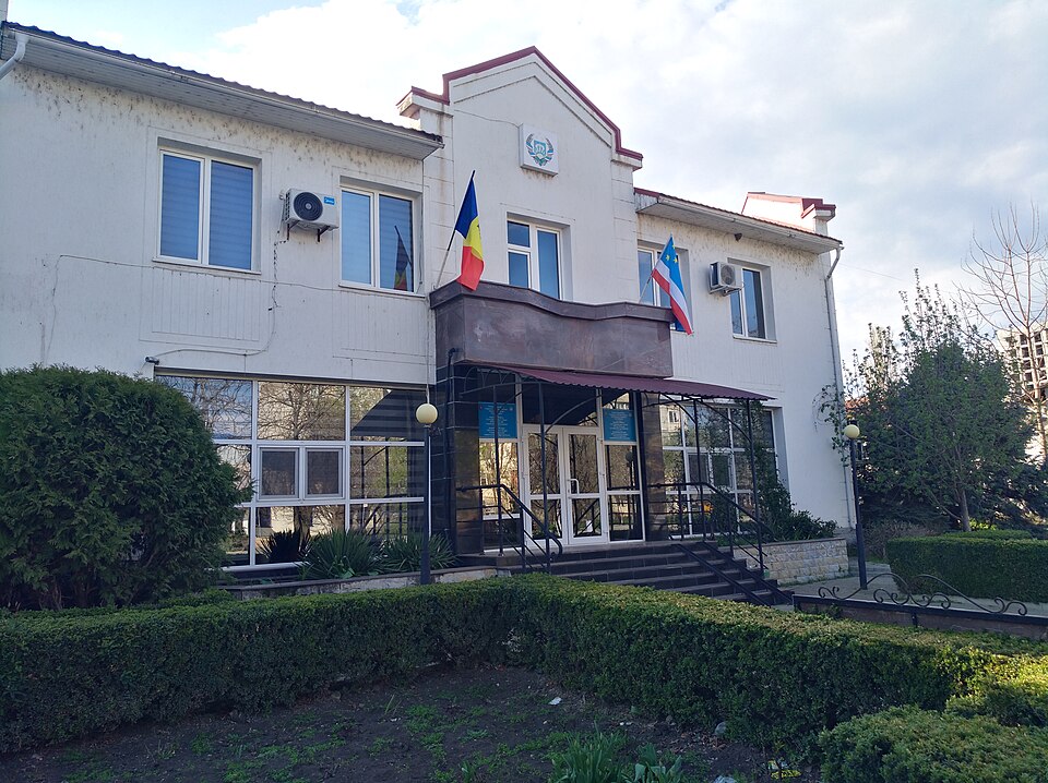Flags of Moldova and Gagauziya at local govermental building in Comrat