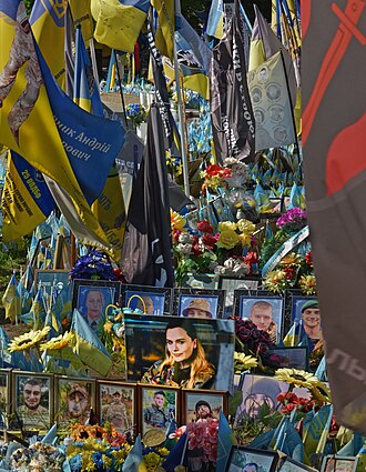 A fragment of the memorial to the fallen defenders of Ukraine on Independence Square in Kyiv. In the center is a portrait of Irina Tsybukh.
