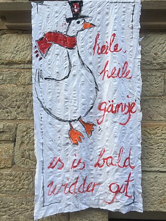 DIY flagging in the city of Mainz, COVID-19, lyrics of a children's song intended to give courage