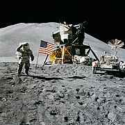 Apollo 15 Lunar Module Pilot James Irwin salutes the U.S. flag