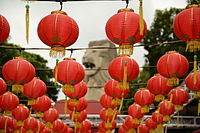 Chinese New Year decorations and the Merlion statue, Sentosa, Singapore - 20150222.jpg