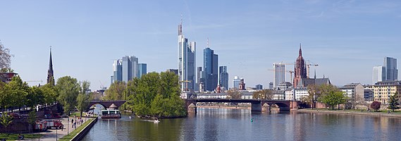 Panorama of the city at noon with Alter Bruecke (Old Bridge), Cathedral and skyline as seen from Ignatz-Bubis-Bruecke (Ignatz Bubis Bridge)