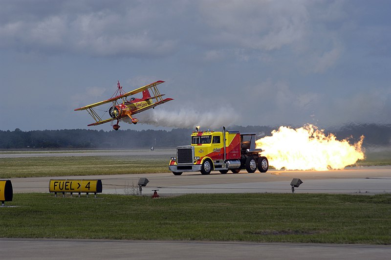 File:US Navy 040925-N-0295M-066 Kent Shockley and his jet truck ShockWave, race Gene Soucy's Showcat biplane.jpg