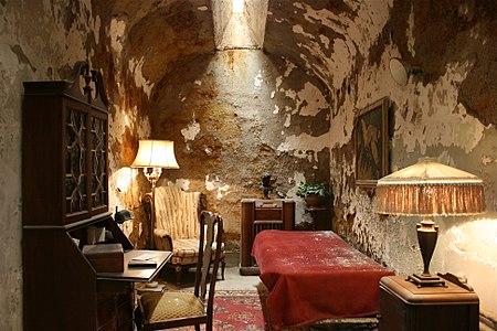 An inside, high-resolution picture of Al Capone's cell as it exists today at Eastern State Penitentiary.