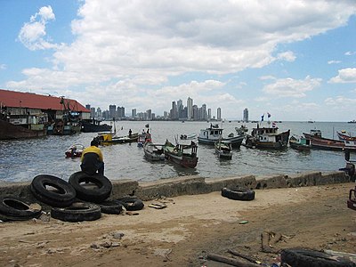 A view of the high rise of modern Panamá City, across the Bahía de Panamá, from the old harbour at Casco Viejo