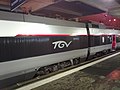 Rame de TGV Sud-Est numéro 15 rénovée dans sa nouvelle livrée « Carmillon ». Exposée en avant-première en gare de Mulhouse-Ville